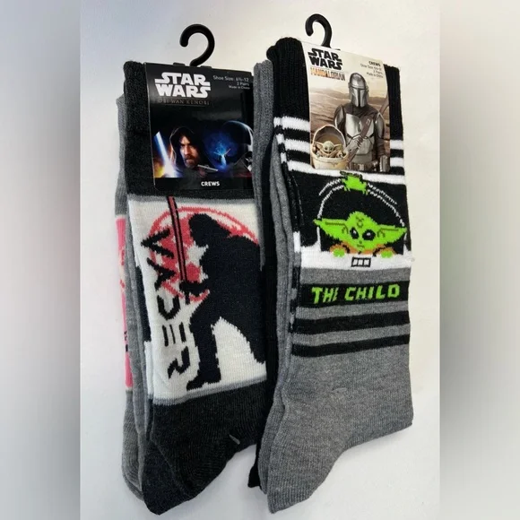 2 Packs Star Wars Mandalorian & Obi-Wan Kenobi Crew Socks Men’s Size:6.5 - 12 - Picture 1 of 8